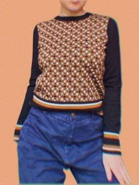 Nine West Brown Patterned Crewneck Sweater